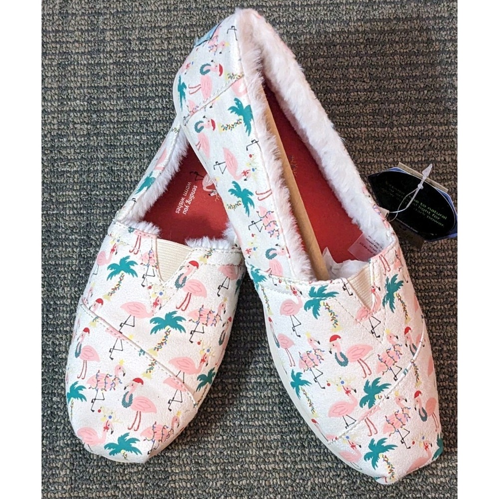 Womens TOMS Holiday Hawaiian Flamingo Alpargata Slip-On Shoes Size 7.5 Fur Glow
